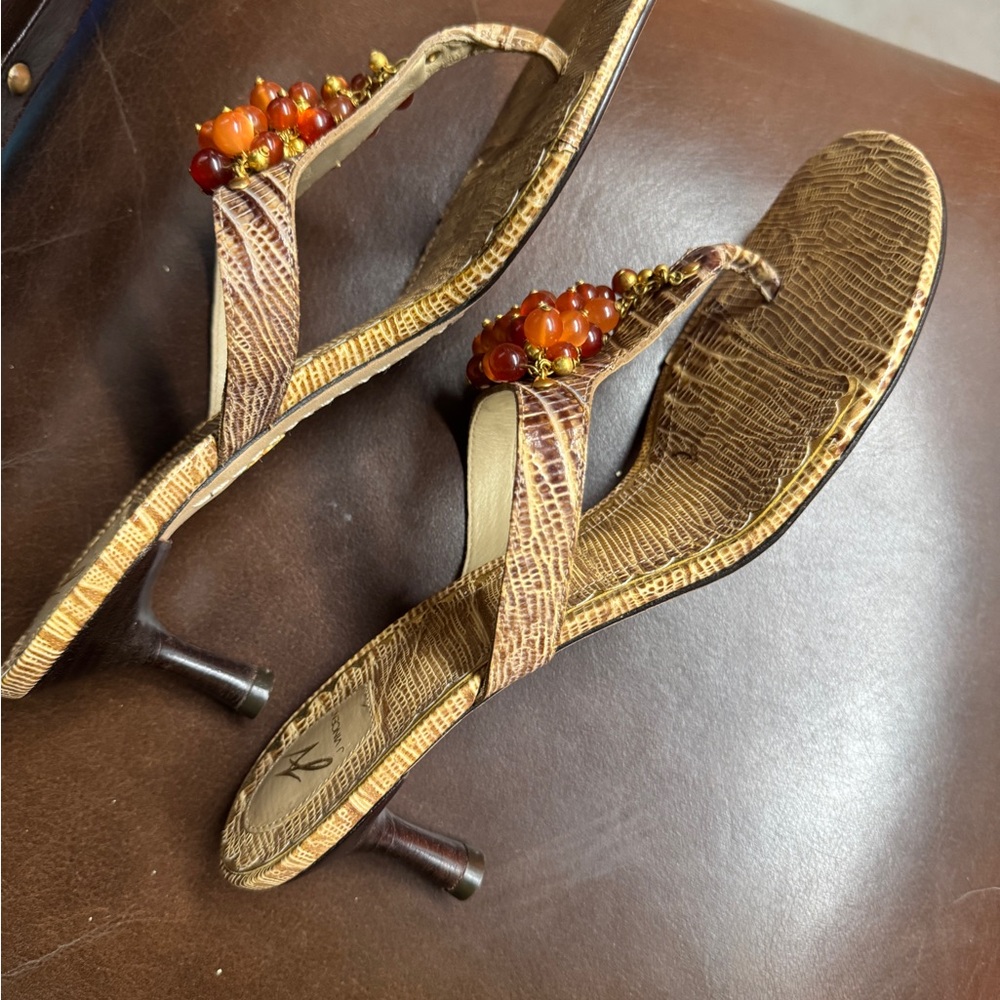 J Vincent Tan and Orange Sandals with Amber  Beadwork - Picture 2 of 5